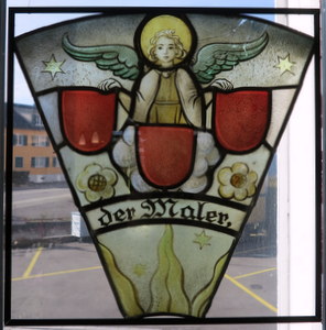 Bleiverglasung antik  mit Glasmalerei, Fensterbild. Zunft - Wappen ( der Maler ) vergrssern