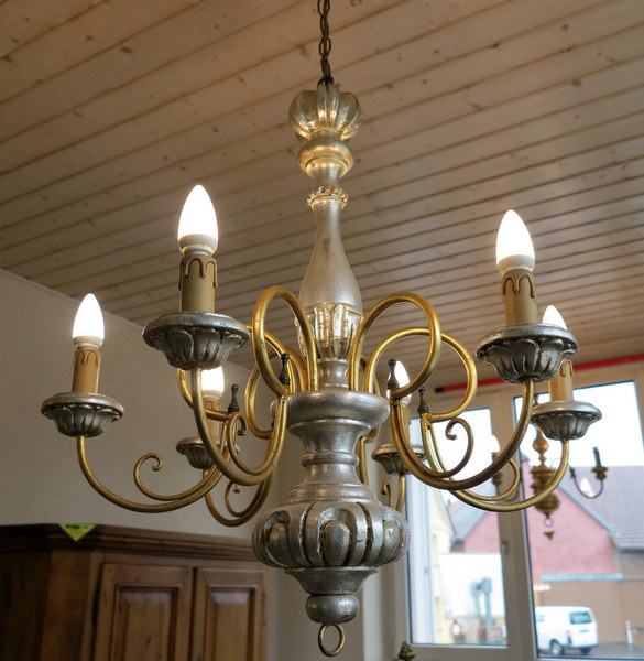Hngelampe - Leuchter, 6 - armig, Holz, Metall, goldig und silberig verkleinern